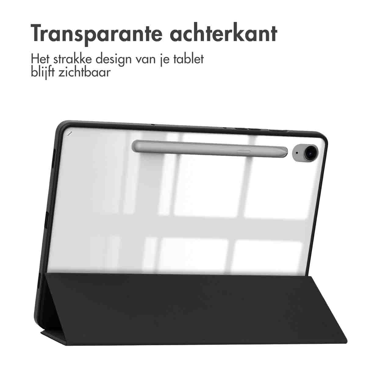 A black tablet case with a transparent back, showing the tablet. A stylus is in a holder. Text reads 'Transparent back'.