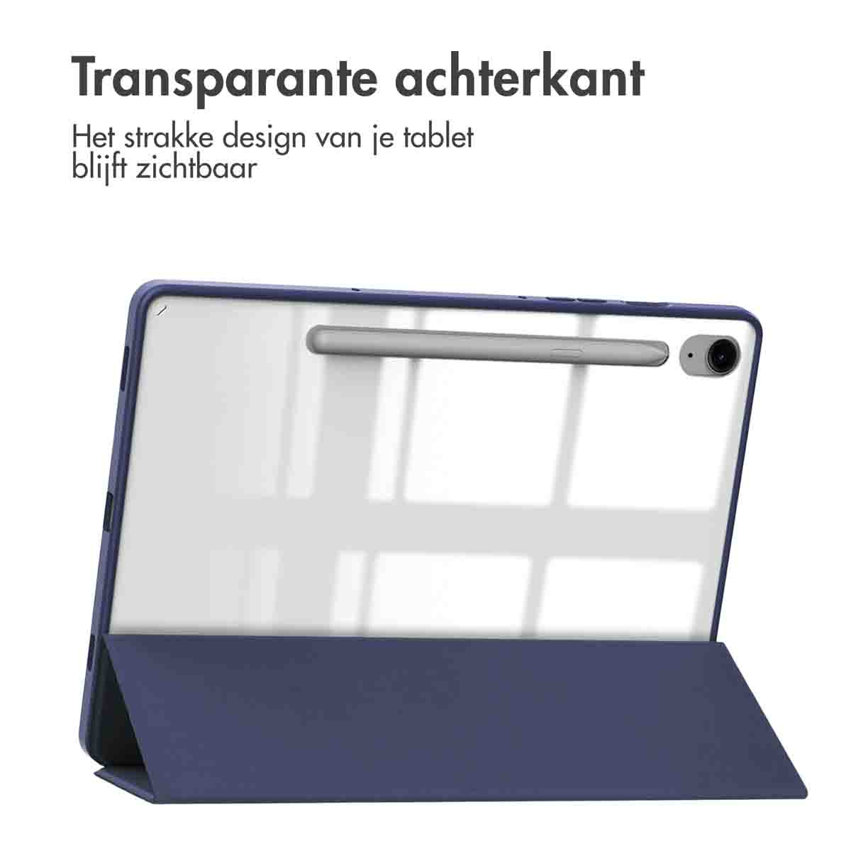 A blue tablet case with a transparent back and a stylus. Text reads 'Transparent back'. Case is open.