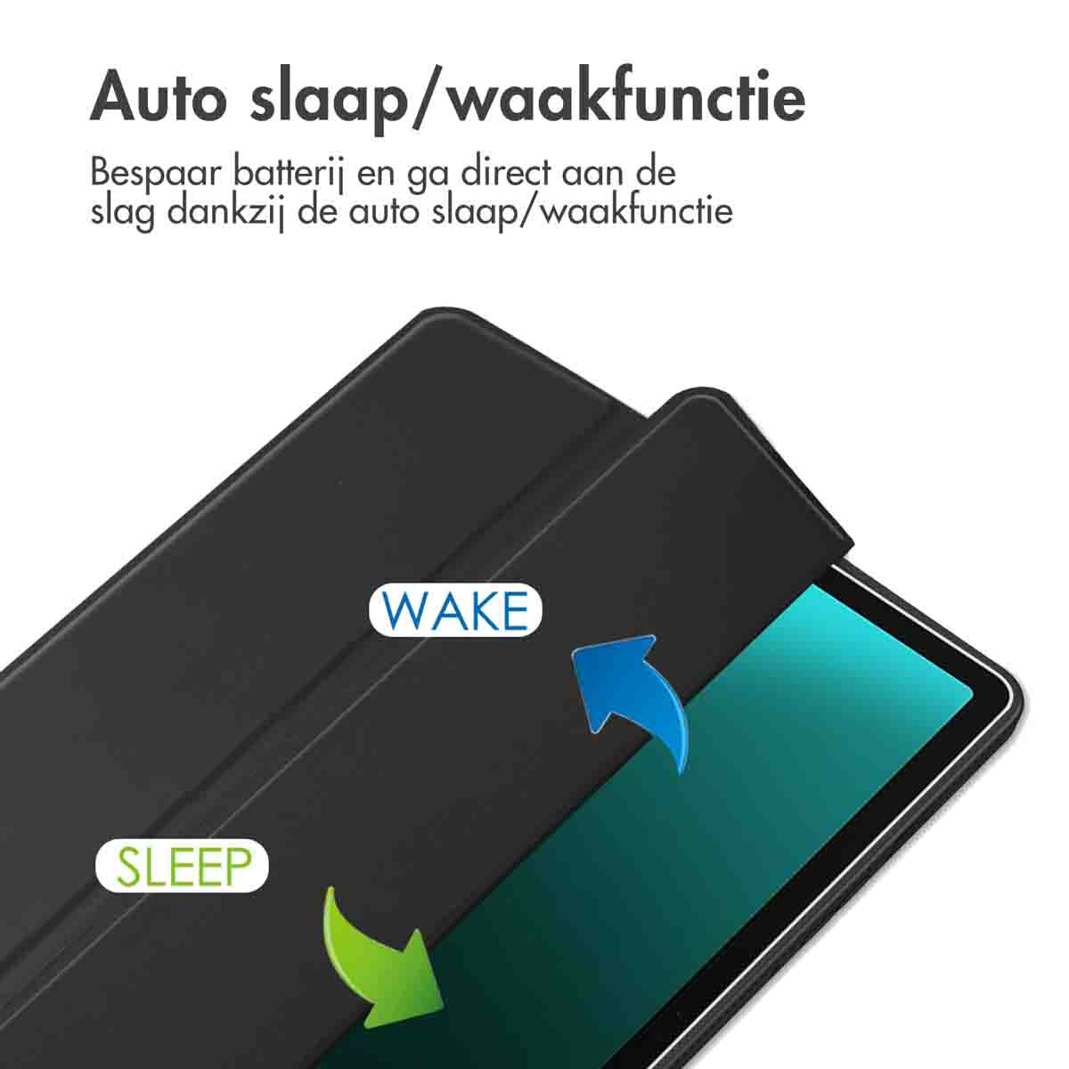 Een zwarte tablethoes. De hoes is gedeeltelijk open en toont 'Wake' en 'Sleep' labels met pijlen.