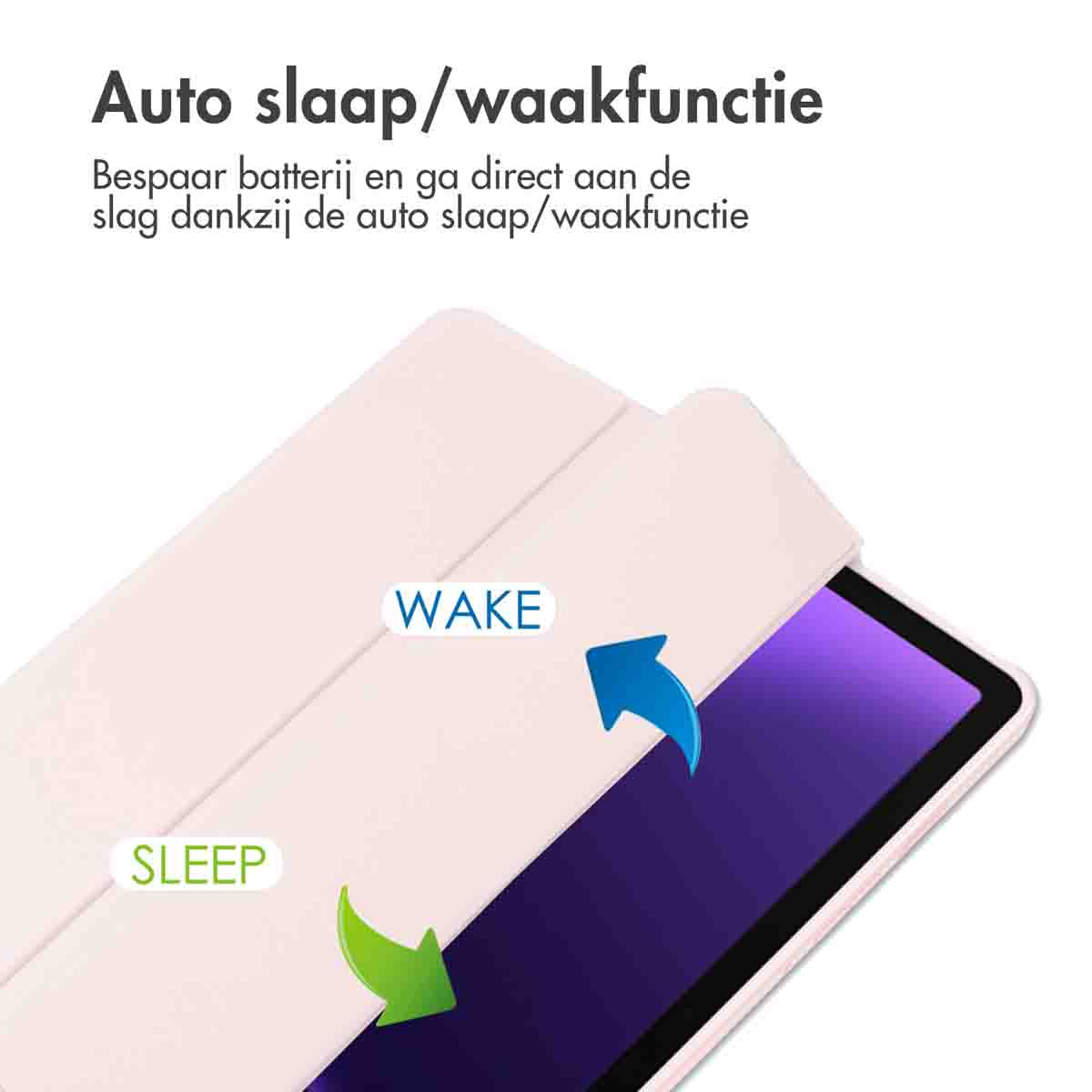 Roze tabletcover met slaap/waakfunctie aangegeven door pijlen en tekst.