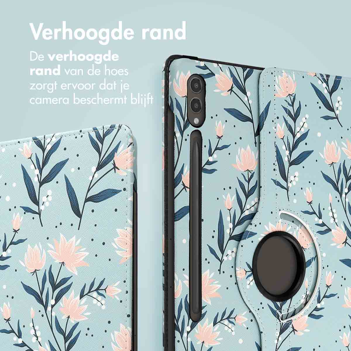 Tablethoesje met bloemenpatroon, verhoogde rand. De hoes heeft een camera-uitsparing.
