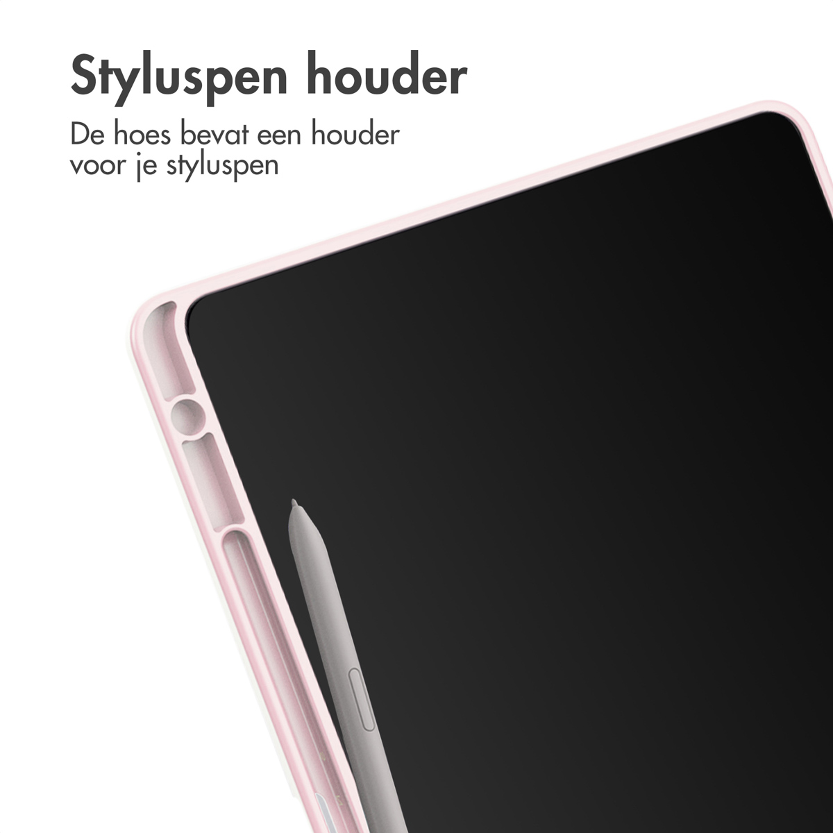 Roze tablethoes met een houder voor een styluspen. Een styluspen zit in de hoes.