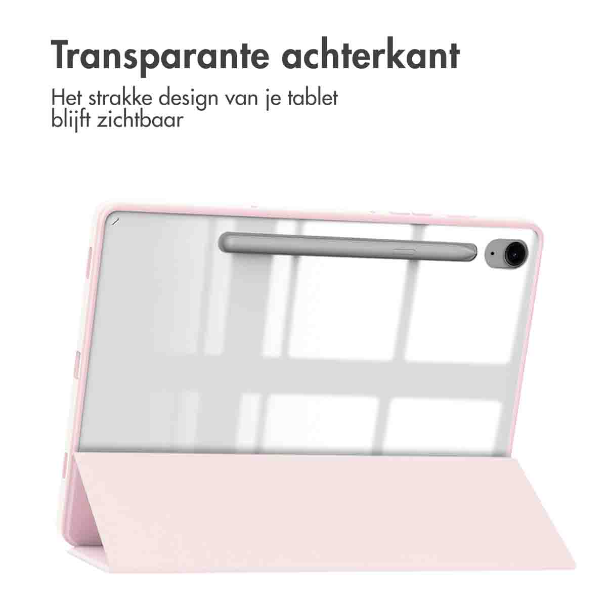 Roze tablethoes met transparante achterkant. De hoes bevat een tablet en een pen.
