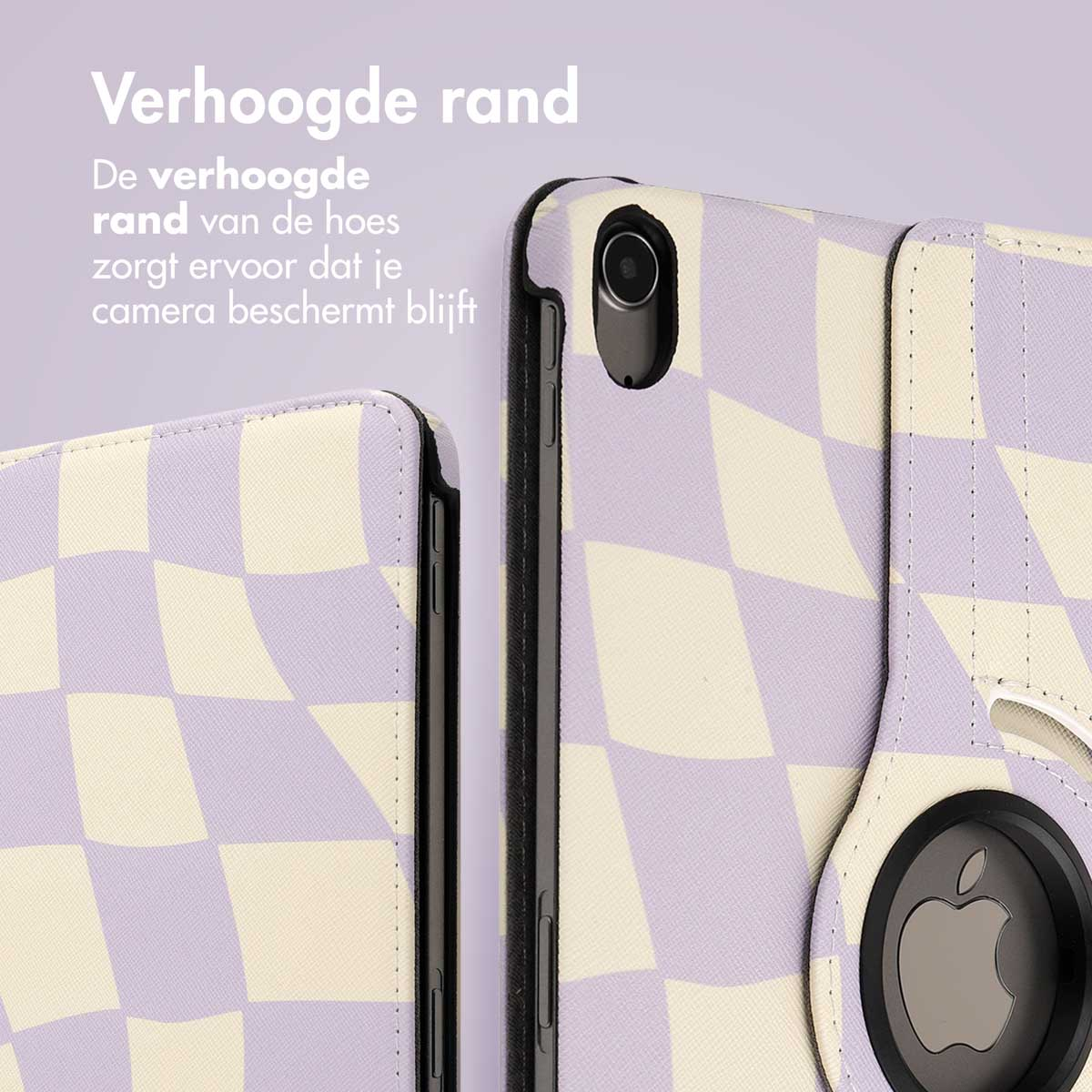 Housse de tablette avec motif à carreaux violets et blancs. Bord surélevé. Logo Apple visible.