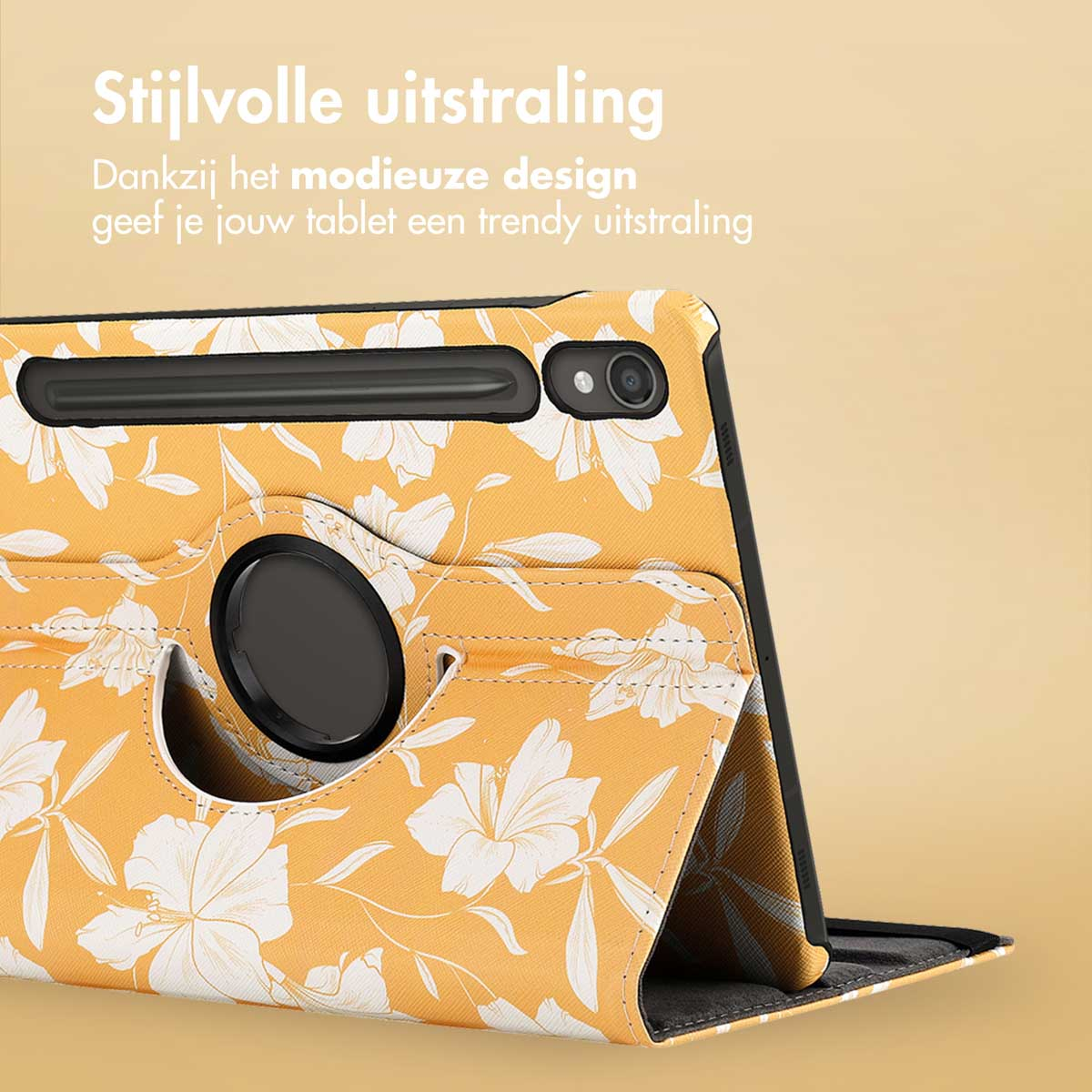 Tablet case with yellow floral pattern. Black circle in the middle. The case is open.