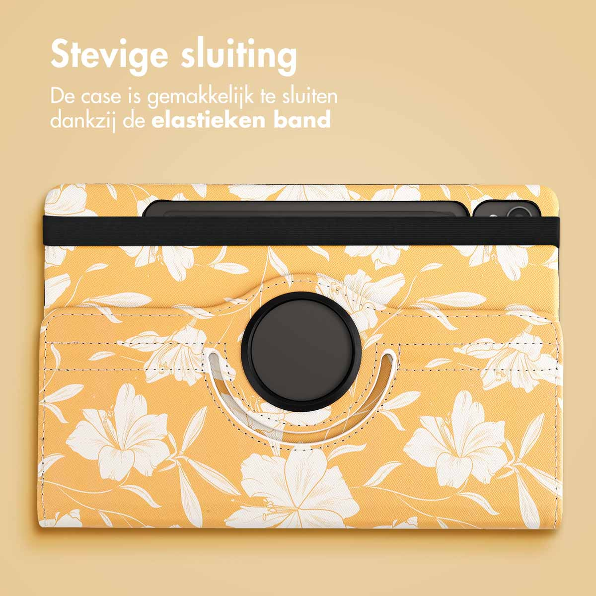 Tablet case with yellow floral pattern. Black elastic band. The case is closed.