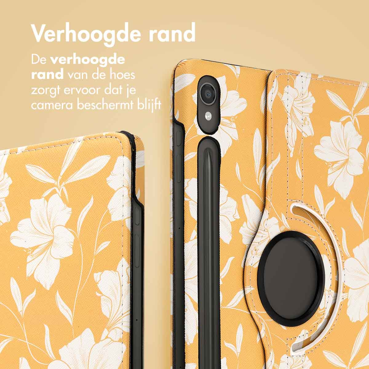 Tablet case detail with yellow floral pattern. Stylus in the middle. Yellow background.