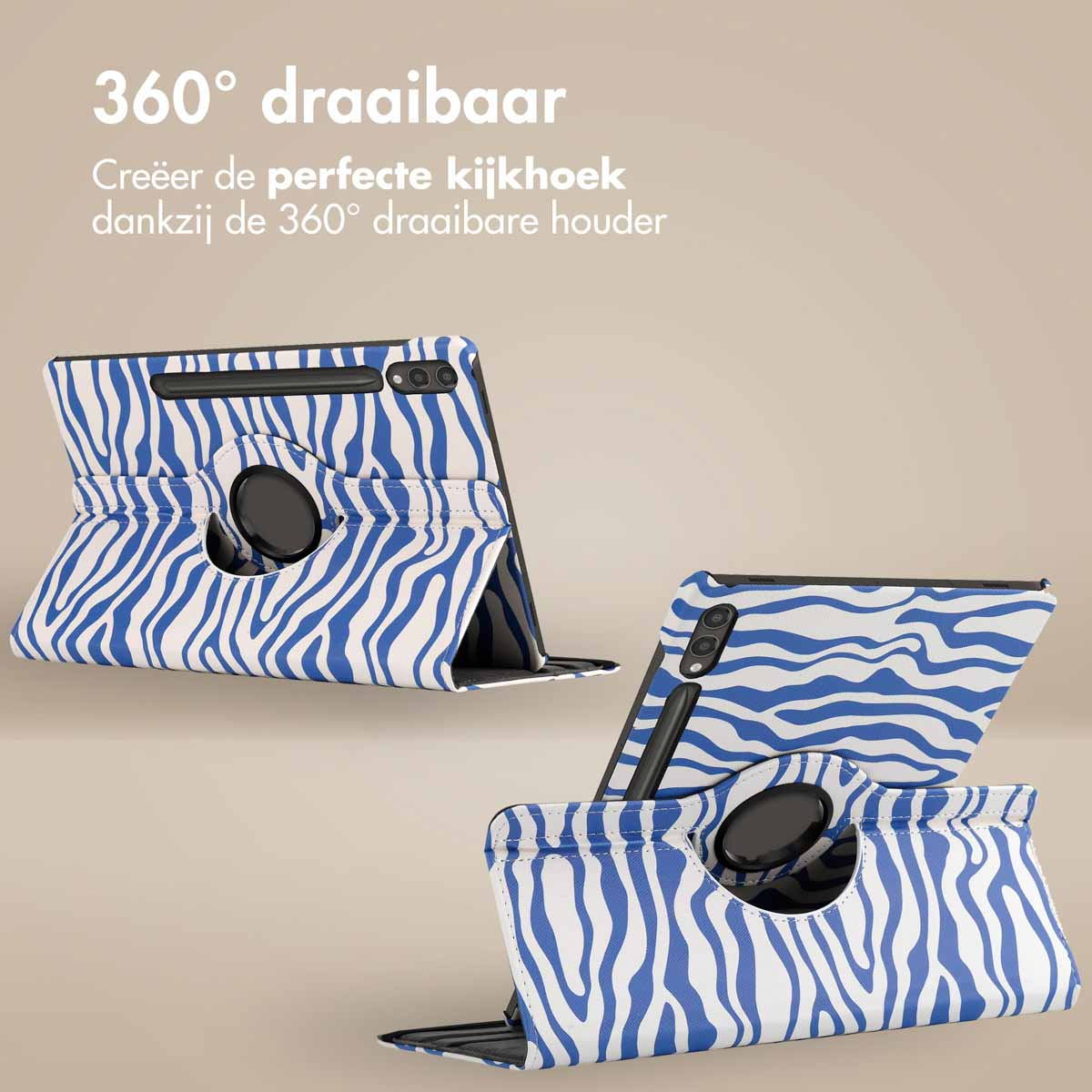 Tablets in zebra pattern cases. Various angles. Each has a black circle. Beige background.