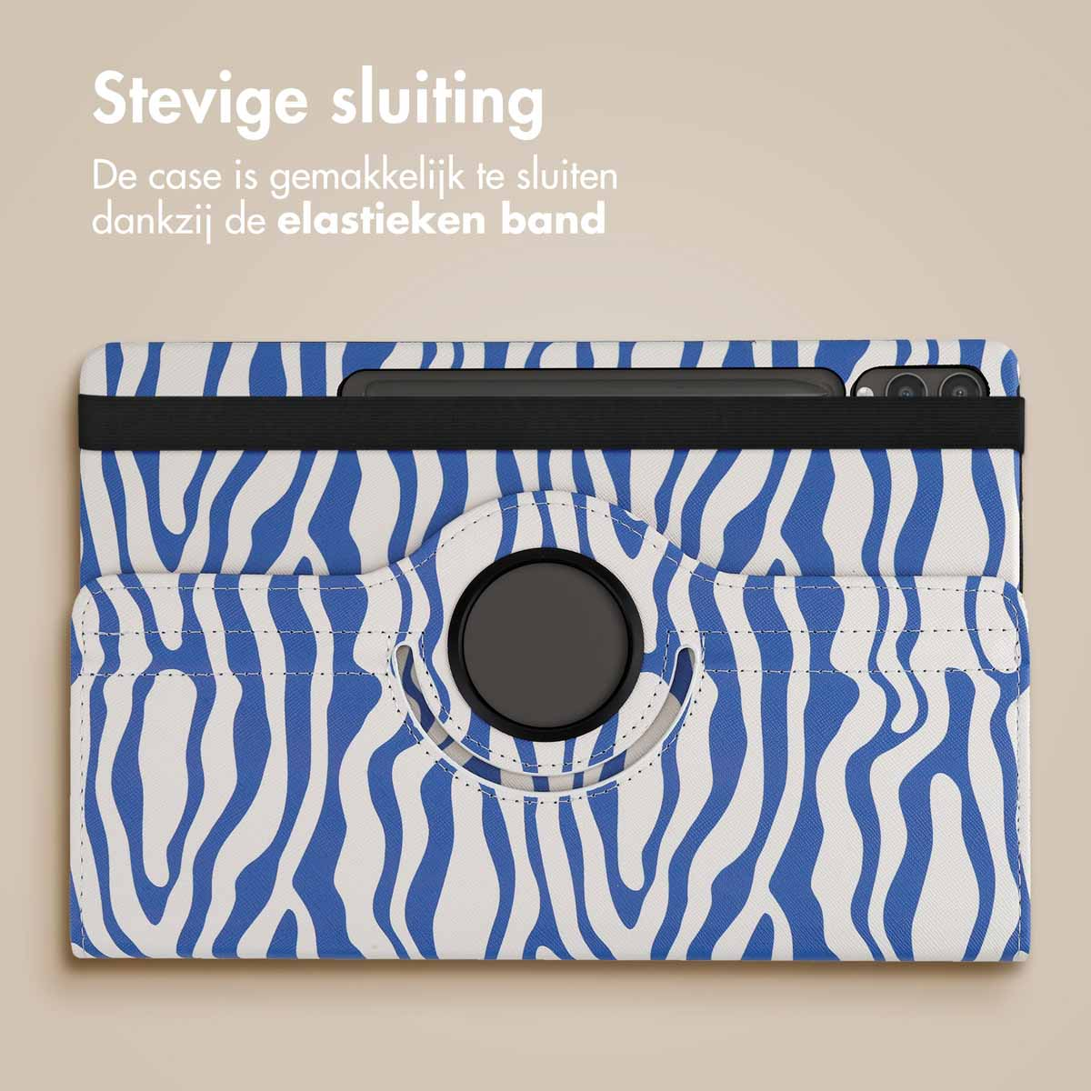 Tablet case with zebra pattern. Black elastic band. Case is closed. Black circle in the middle.