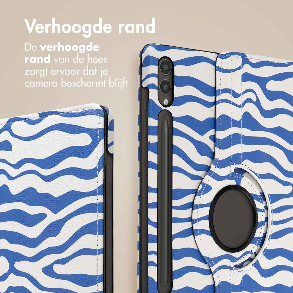 Tablet case detail with zebra pattern. Camera on the right. White background. Blue and white.