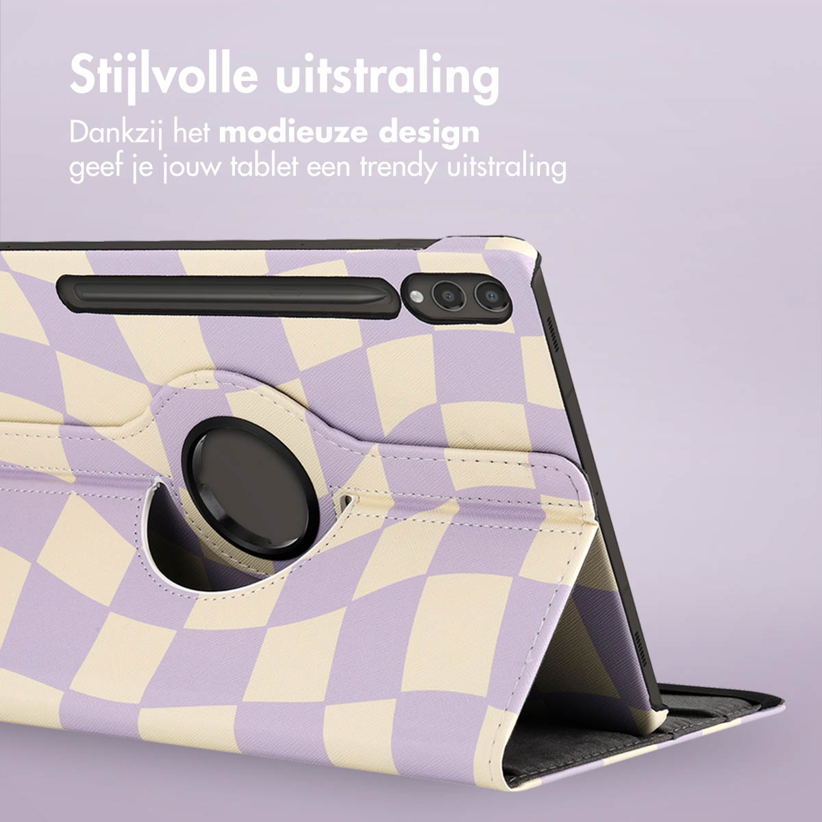 Tablet case with purple and cream checkered pattern. Open case. Black circle in the middle.