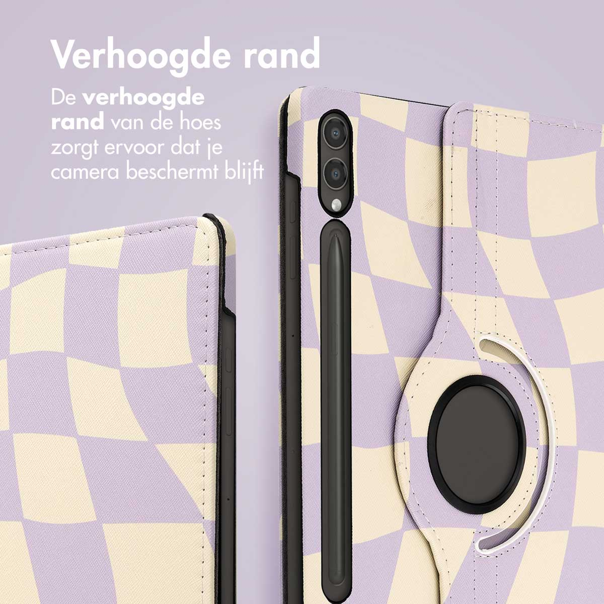 Tablet case detail with purple and cream checkered pattern. Stylus in the middle. Lilac background.