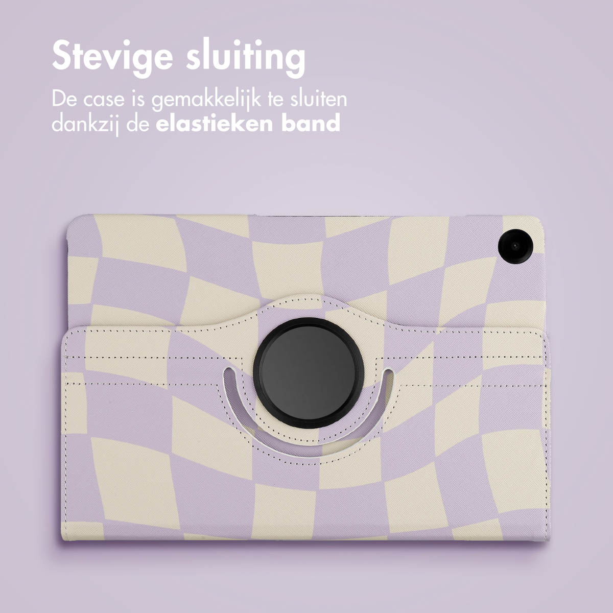 Tablet case with purple and cream checkered pattern, open, with a black camera circle.