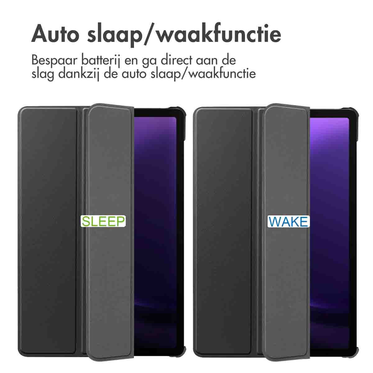 Tablethoes met de slaap- en wekfuncties. Er staat ook tekst in het Nederlands.