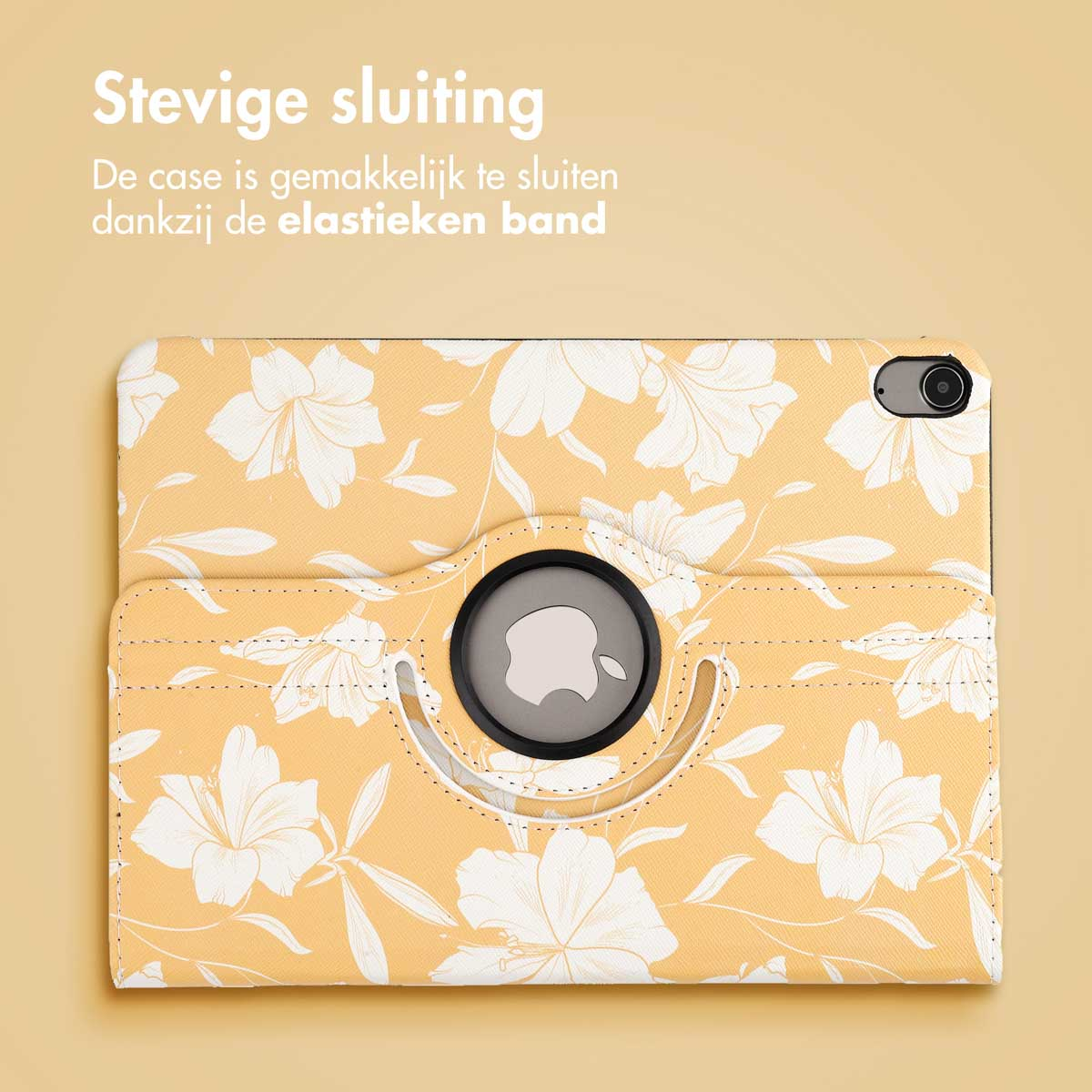 Étui de tablette avec motif floral jaune, fleurs blanches, ouvert, cercle de caméra noir.