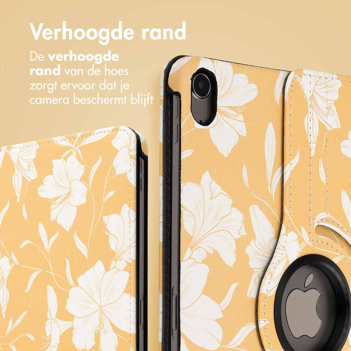 Gros plan sur le coin de l'étui de tablette, motif floral jaune, fleurs blanches, caméra visible.