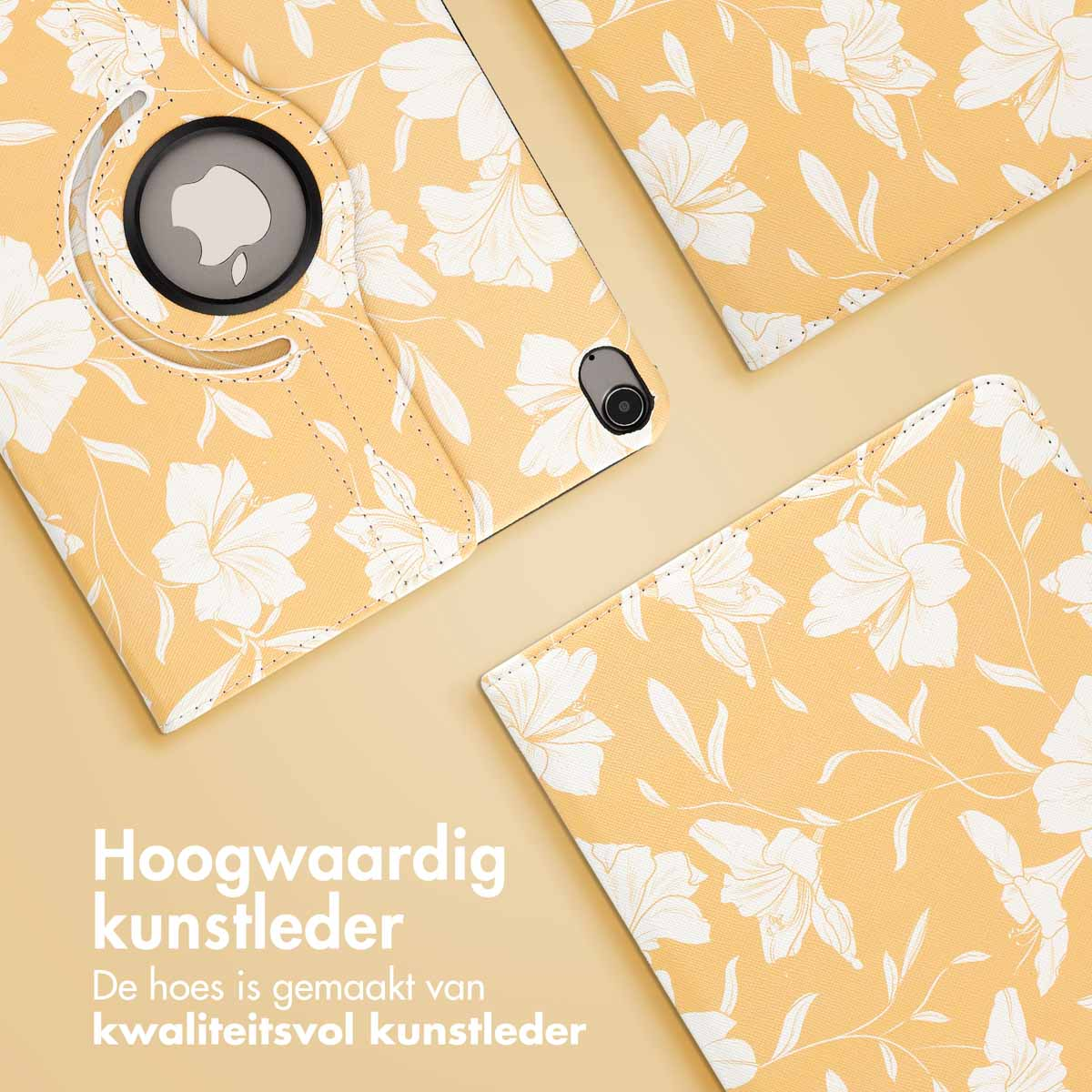 Parties d'étui de tablette avec motif floral jaune, fleurs blanches, sur fond jaune clair.
