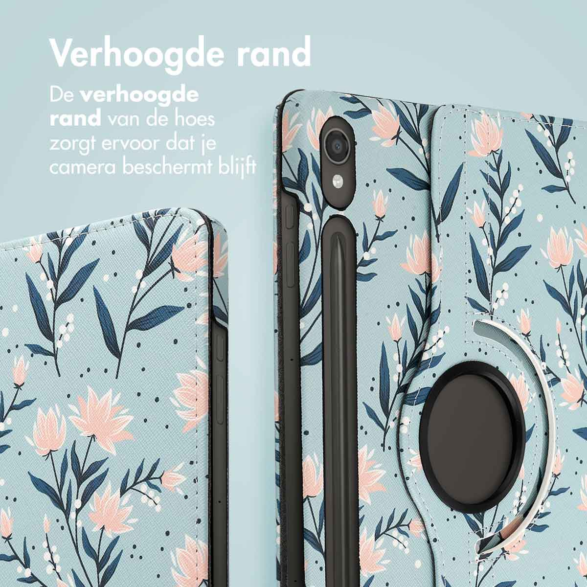 Close-up of a tablet case with floral pattern. The case has a raised edge. A stylus is inserted.