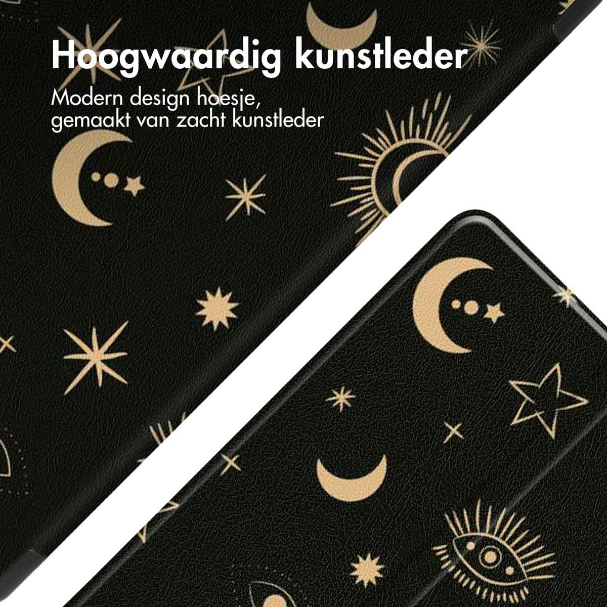 Tablet case with black faux leather. The case is decorated with stars and moons.