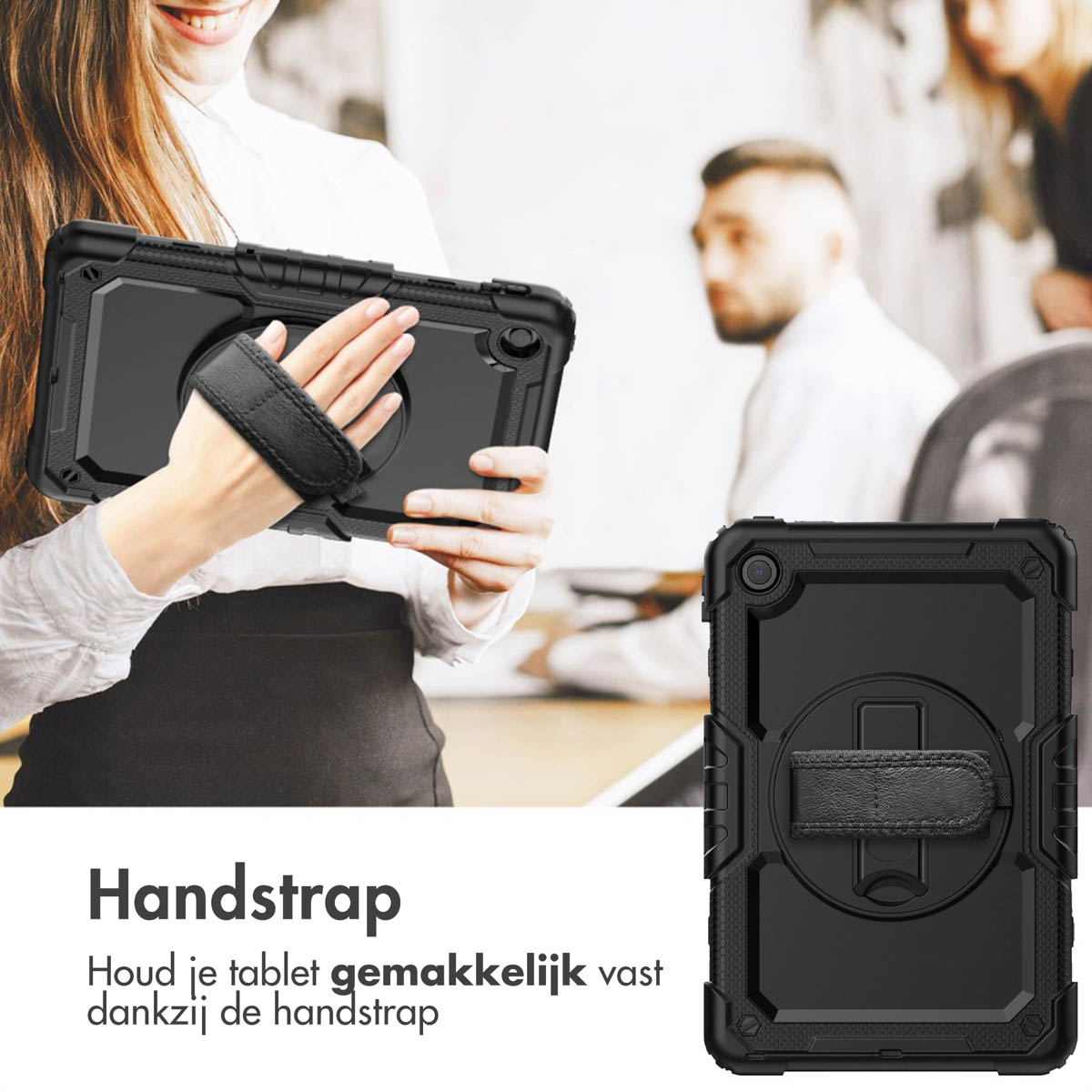 Person holding a tablet with a black case with a hand strap. A second black case on the right.