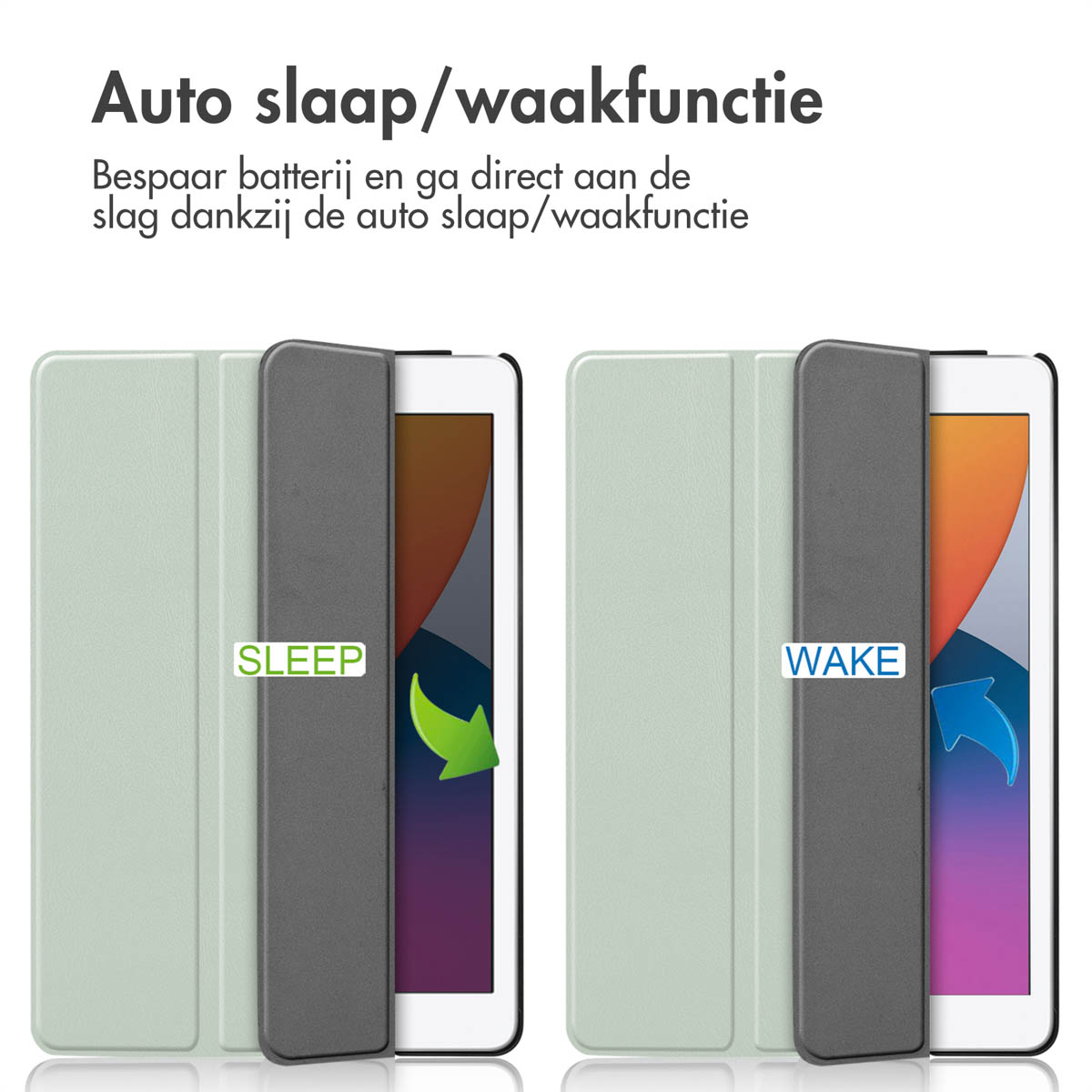 Two tablet covers, with 'SLEEP' and 'WAKE' labels. Green and gray covers.
