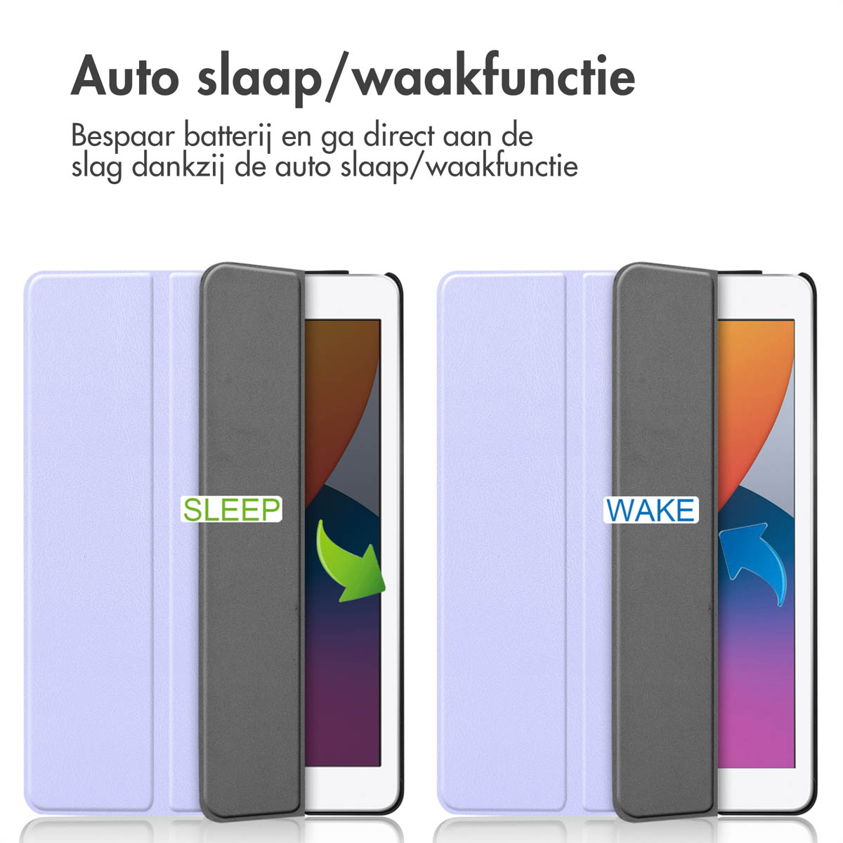 Two tablet covers, with 'SLEEP' and 'WAKE' labels. Purple and gray covers.