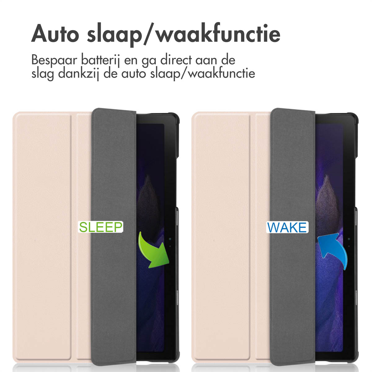 Tablethoes met open en gesloten covers, met 'SLEEP', 'WAKE' en pijlen.
