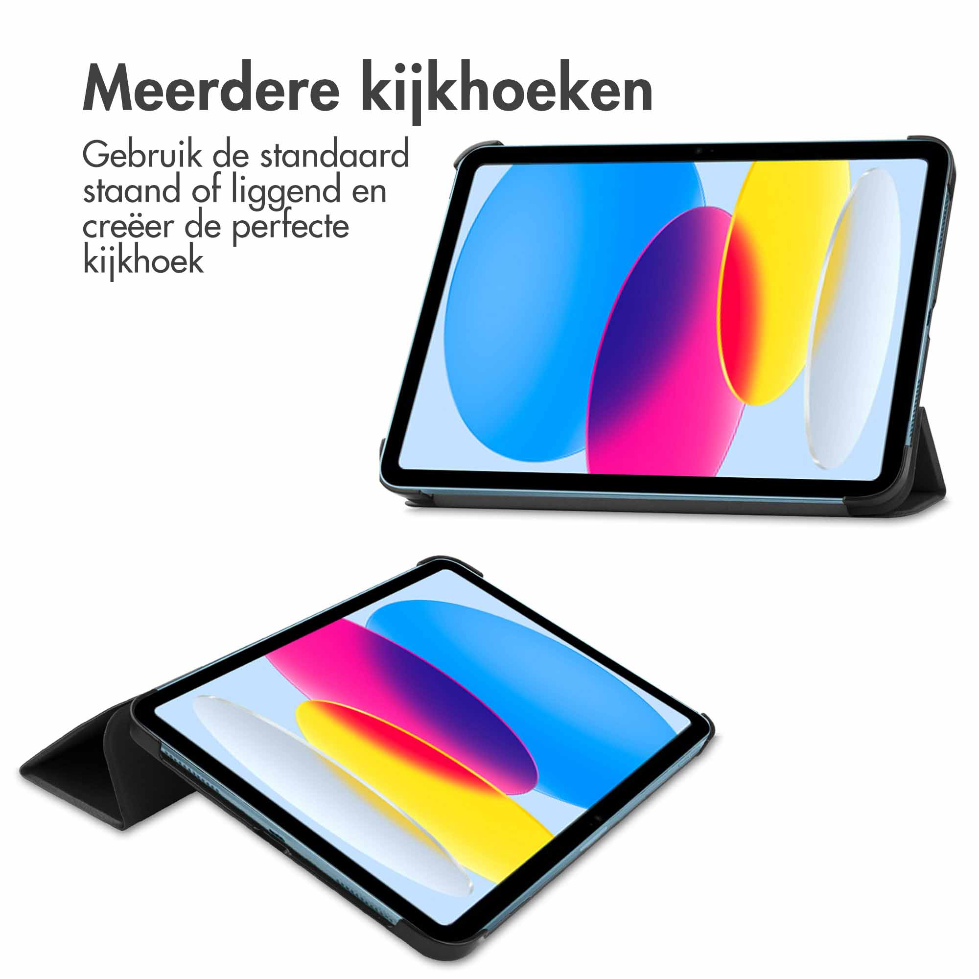 Twee aanzichten van een tablethoesje. De tablet toont kleurrijke abstracte vormen. De hoes is zwart.