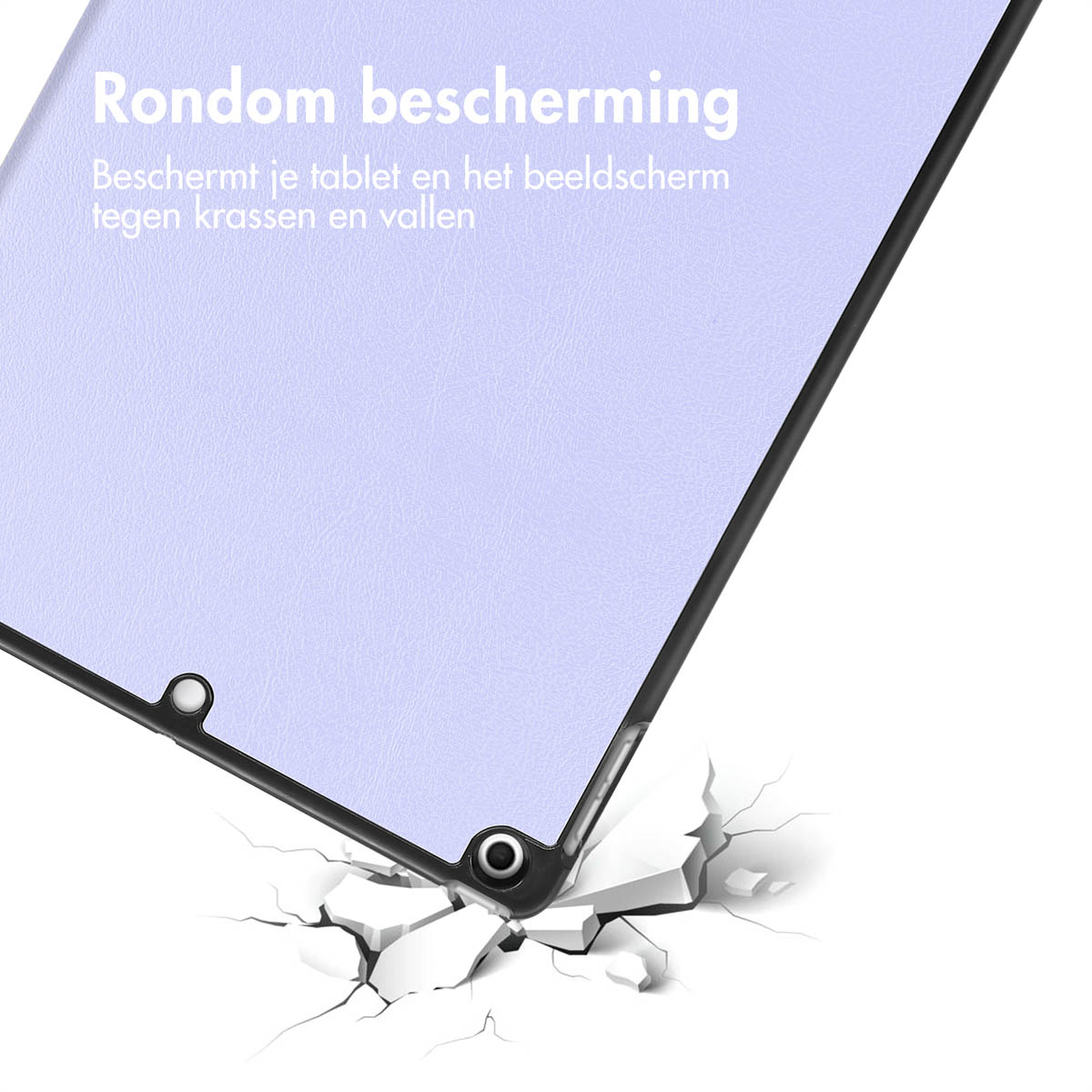 A tablet case is being impacted, showing the screen protected. White background.