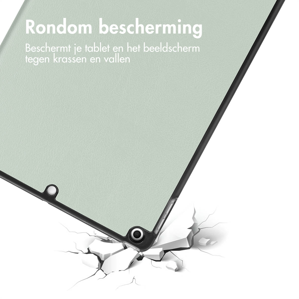 A tablet case is being impacted, showing the screen protected. White background.