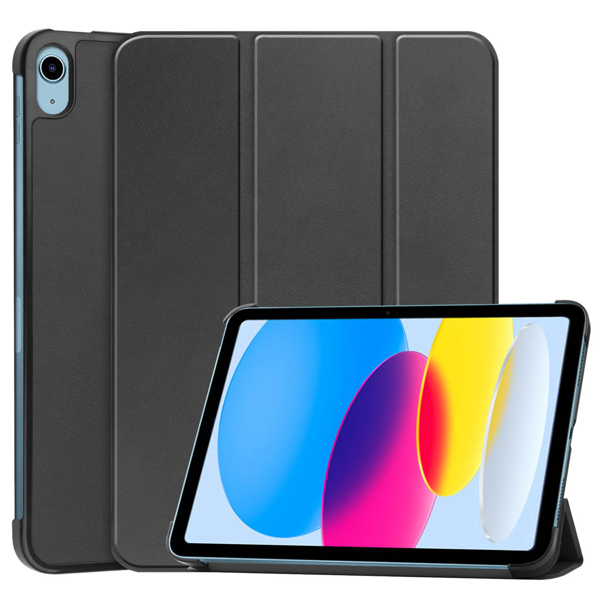 Een zwarte tabletcase met de tablet erin. Het tabletscherm is zichtbaar.
