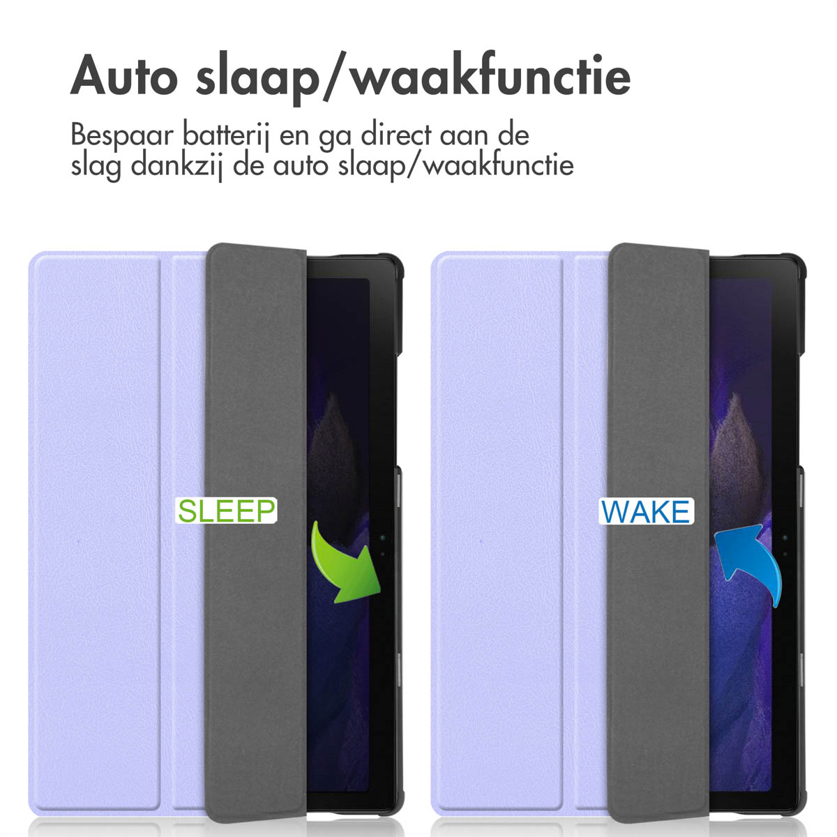 Deux coques de tablette, avec les étiquettes 'SLEEP' et 'WAKE'. Coques violettes et grises.