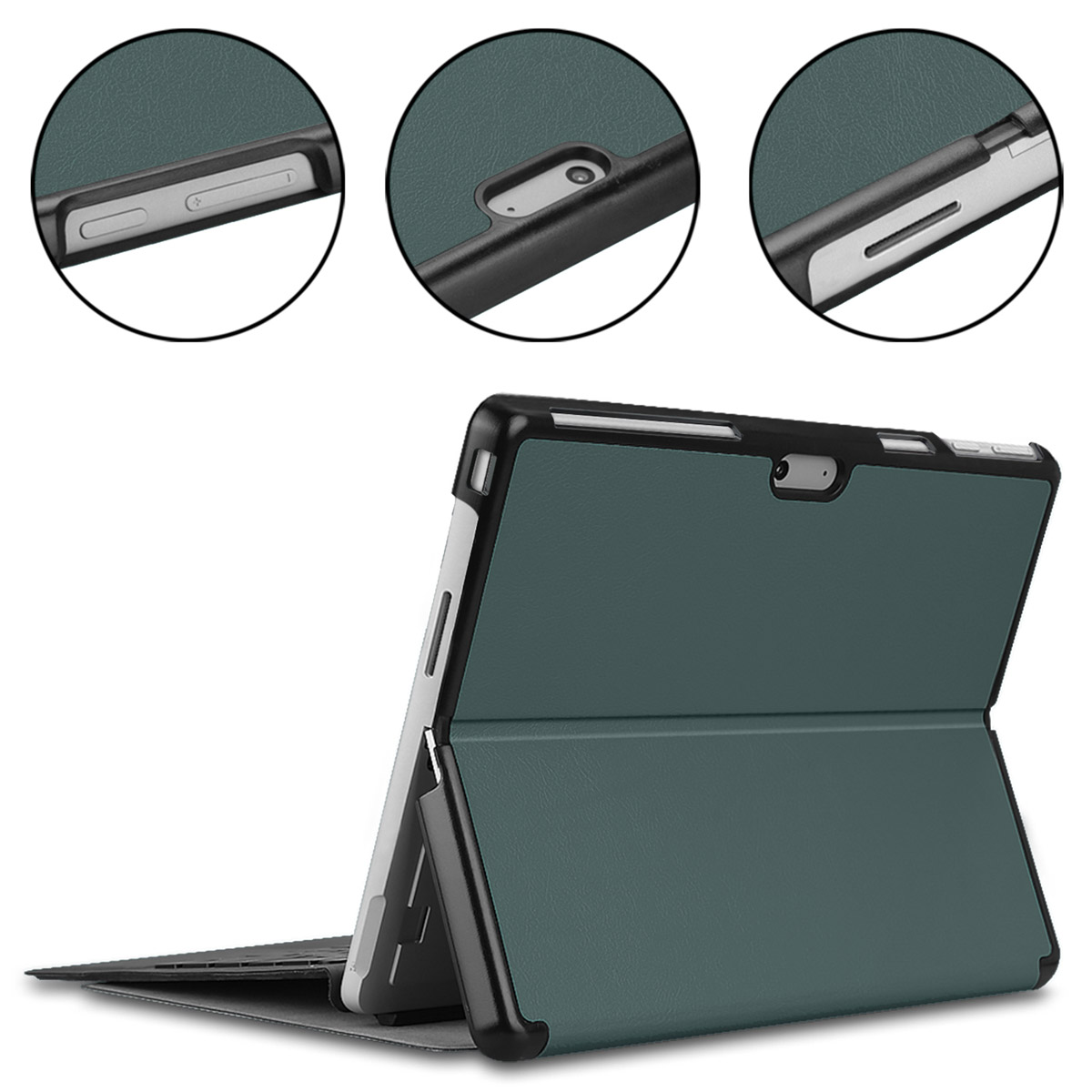 A tablet case, teal in color, is open, showing the tablet's side, with black edges and circular details.
