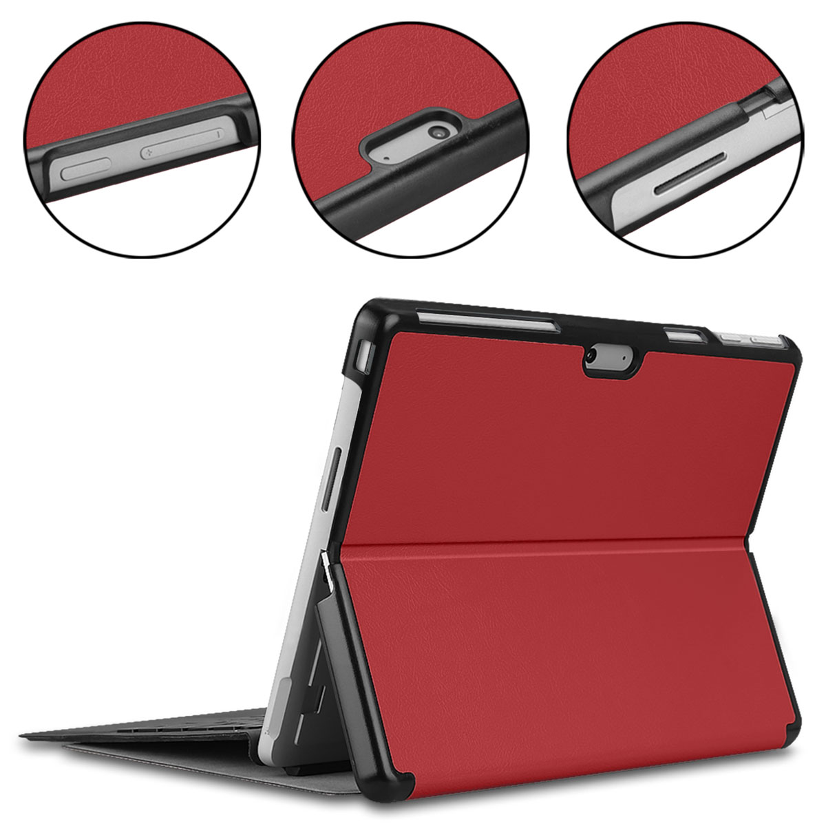 Red tablet case open, displaying the device's side, with black frame. The top has circular details.