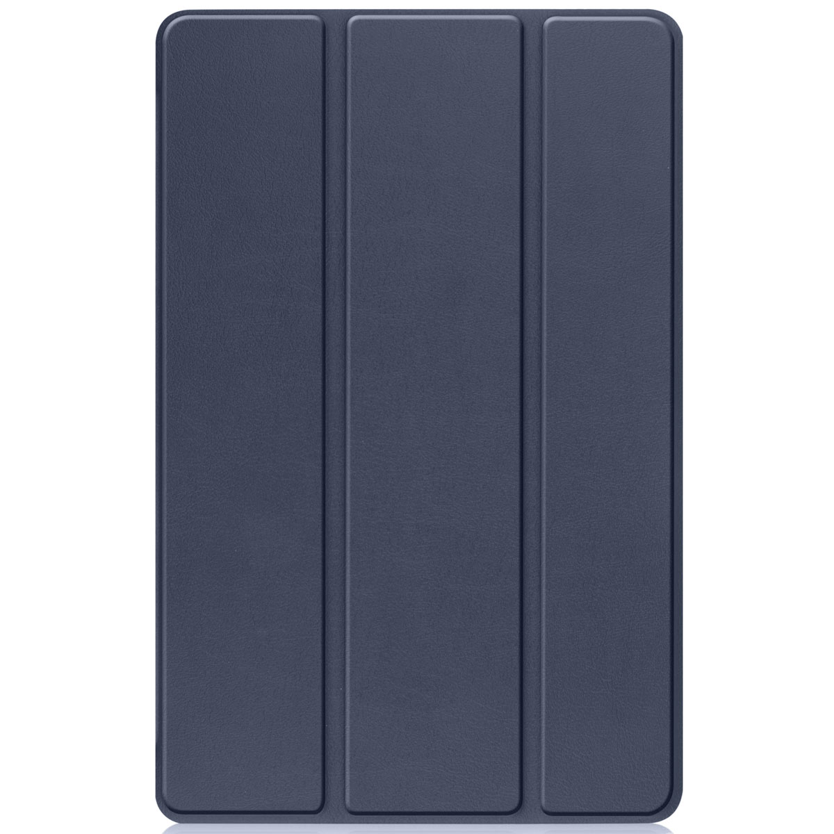 A closed, navy blue tablet case with a textured surface, divided into three vertical panels.