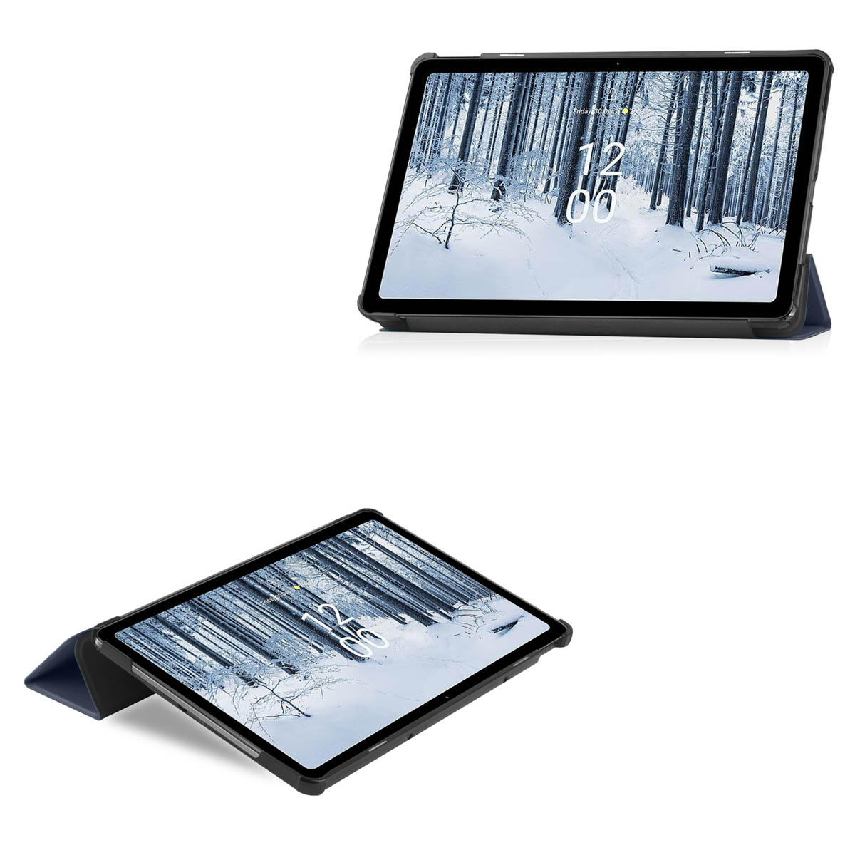 Tablets in cases, displaying a snowy winter scene. Two different angles.