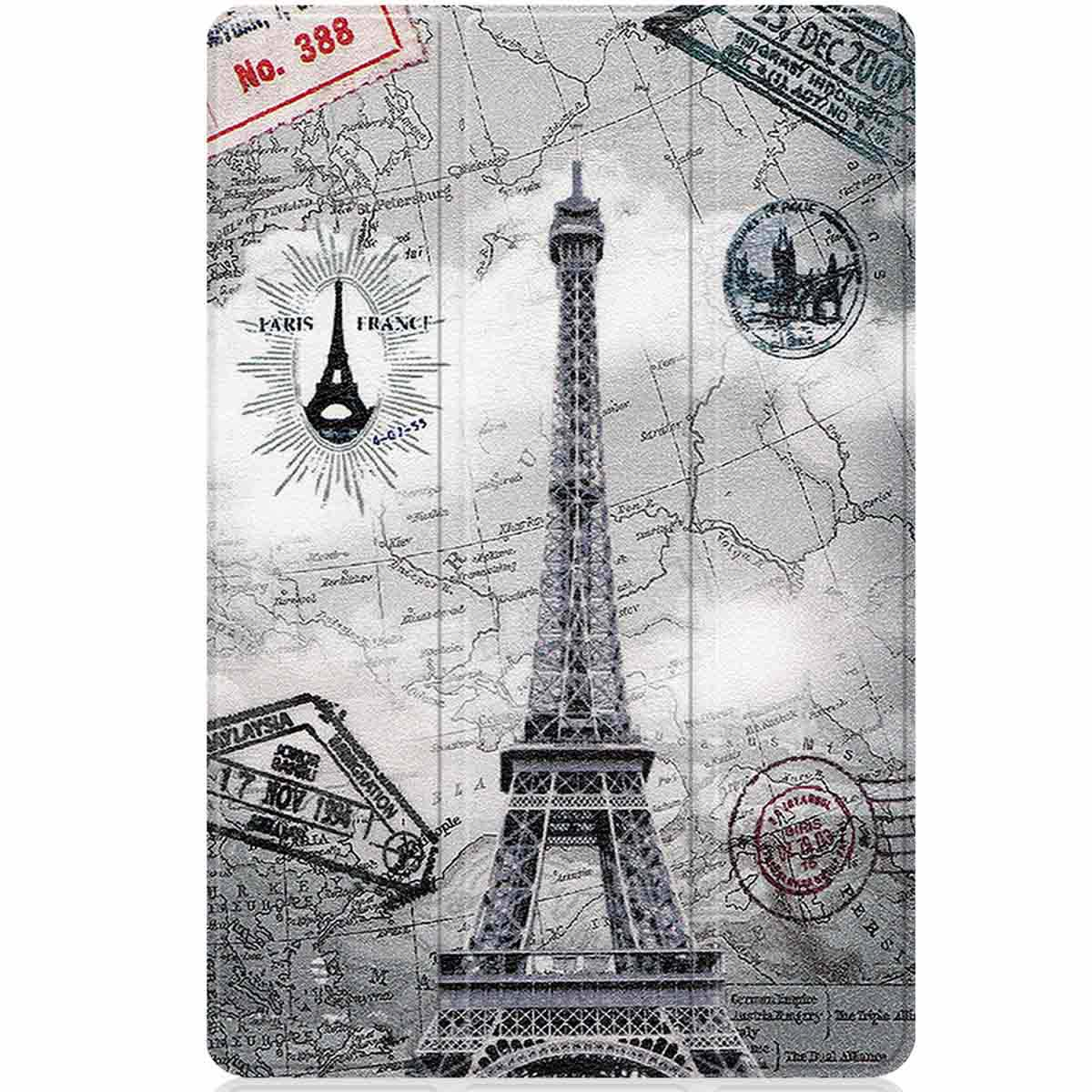 Tablet case depicting the Eiffel Tower, stamps, and a map, with a vintage aesthetic, grey tones dominate.