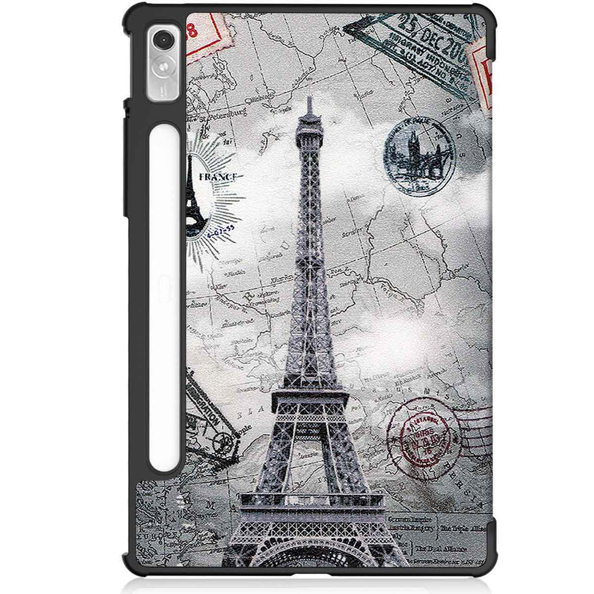 Tablet case, Eiffel Tower design on a map background, stamps, with black border, showing the side.