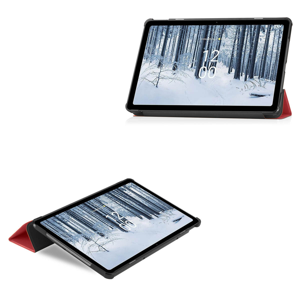 Twee tablets in hoesjes. Eén open, met besneeuwde bomen, de andere gesloten, met een rode cover.