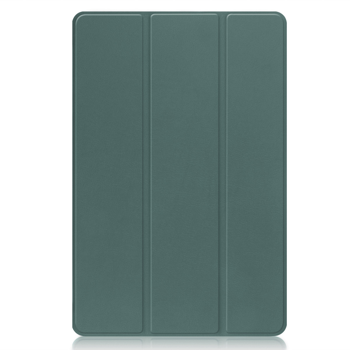 Een gesloten, teal tablet case met een getextureerd oppervlak, verdeeld in drie verticale panelen.