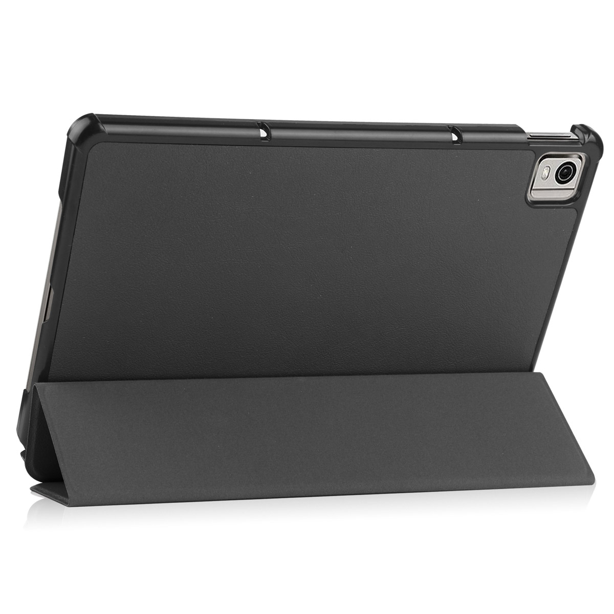 Black tablet case open, showing the back of the tablet, with a stand. The camera is visible.