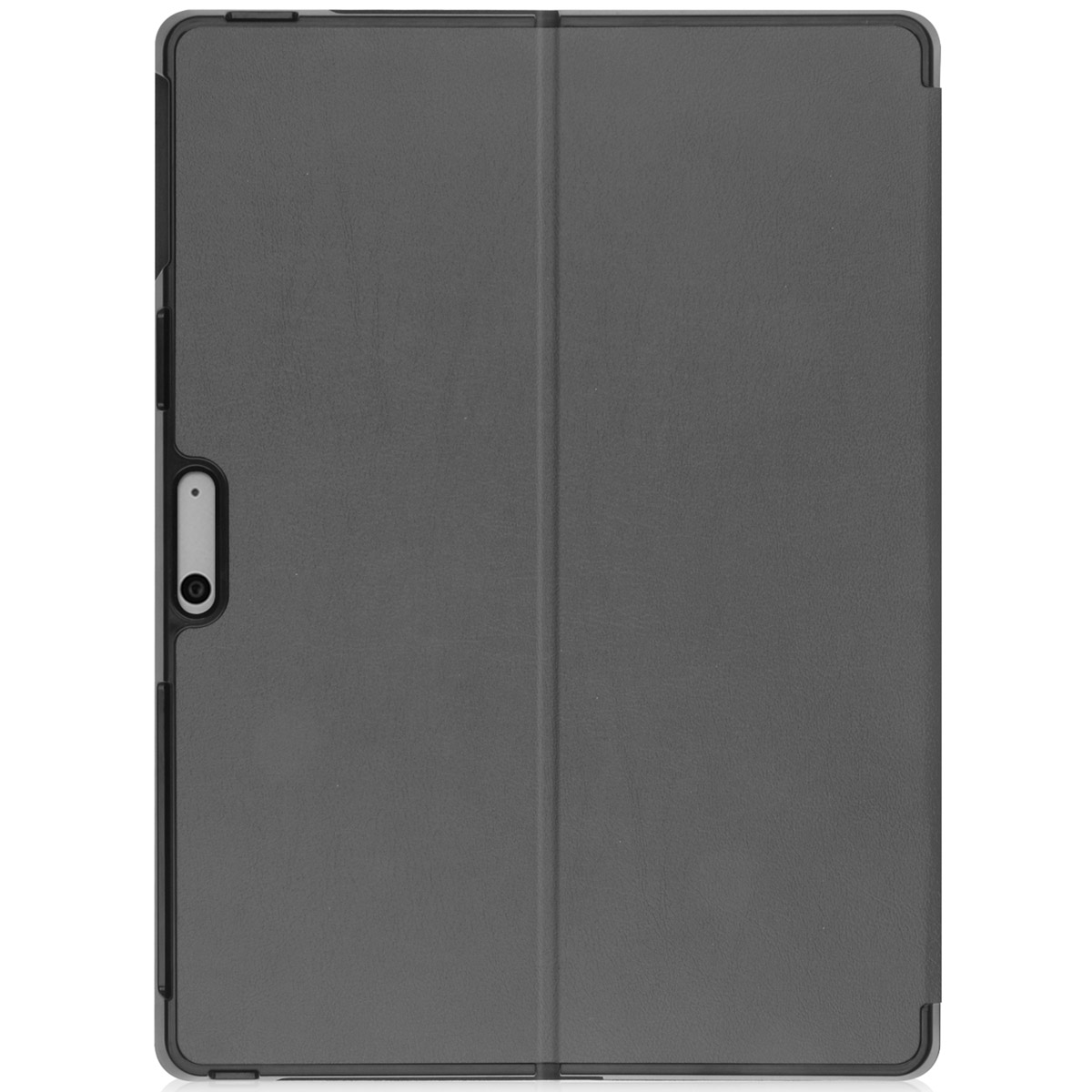 A closed, dark grey tablet case with a textured surface, showing the side with a camera and button.