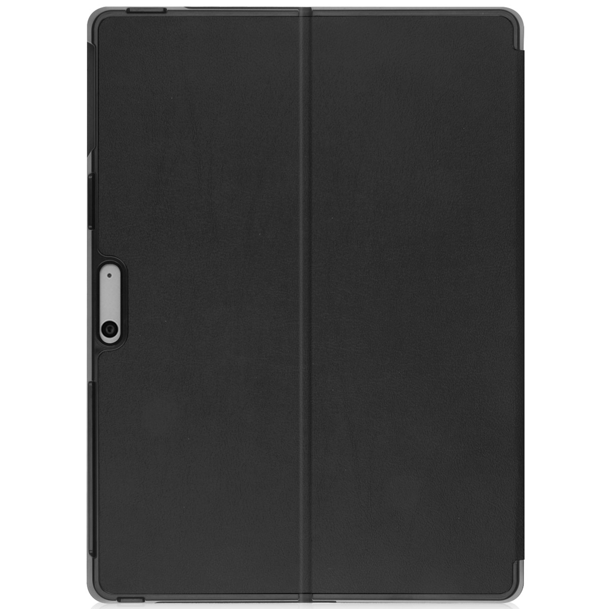 A closed, black tablet case with a textured surface, showing the side with a camera and button.
