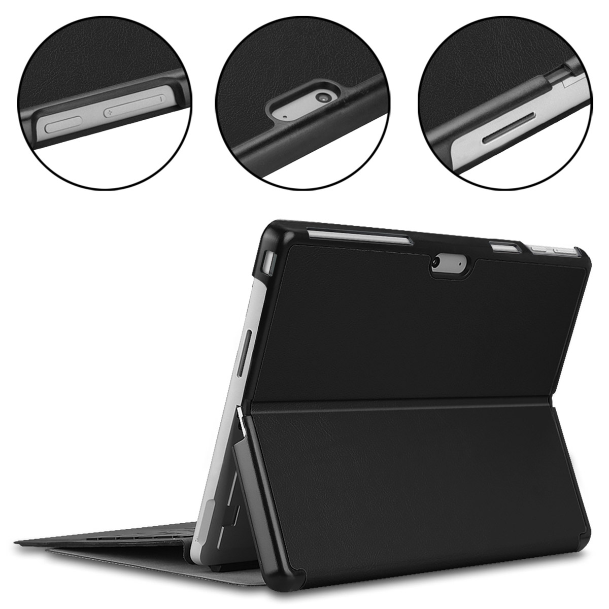 Black tablet case, open to reveal the tablet, with three zoomed views of details. 