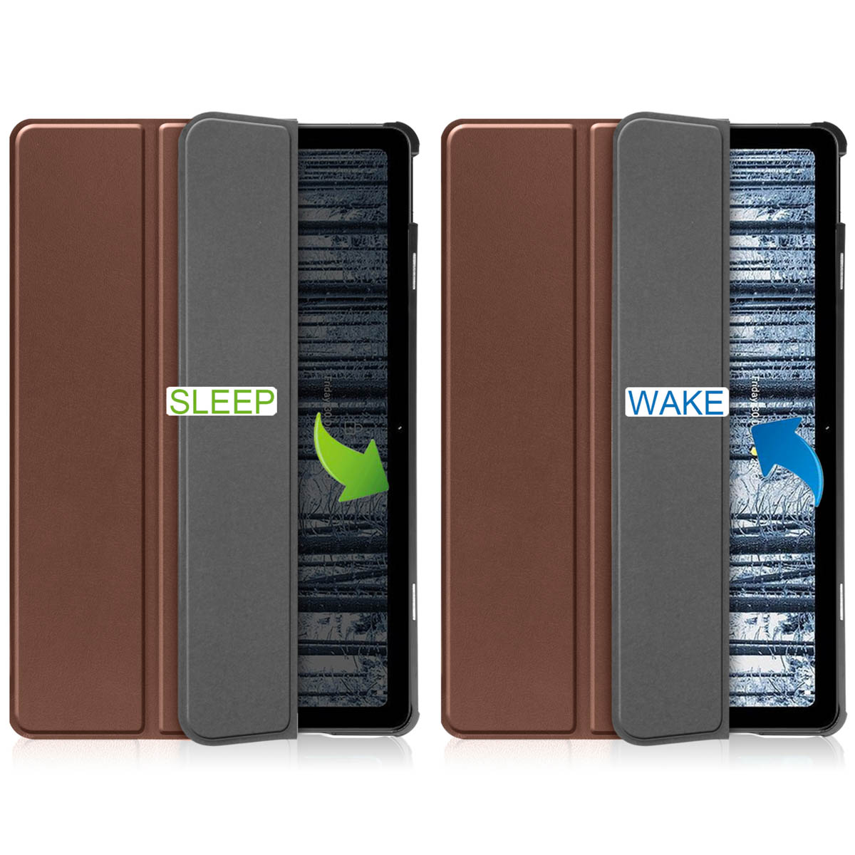 Two tablets in brown and gray cases. One says 'sleep', the other 'wake'.