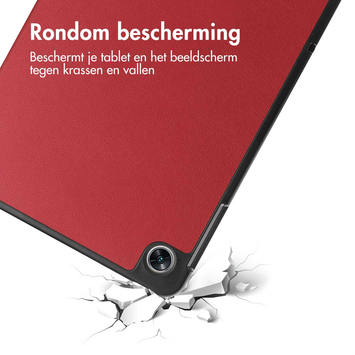 A red tablet case. The tablet is angled, with cracks on the floor, showing protection.