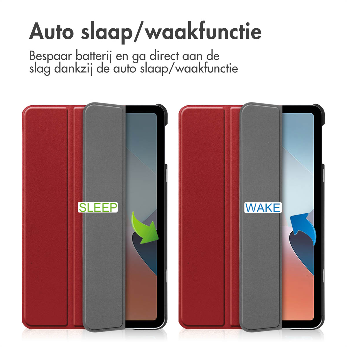 Tablet cases with 'SLEEP' and 'WAKE' arrows. Red cover and gray cover. Auto sleep/wake feature.