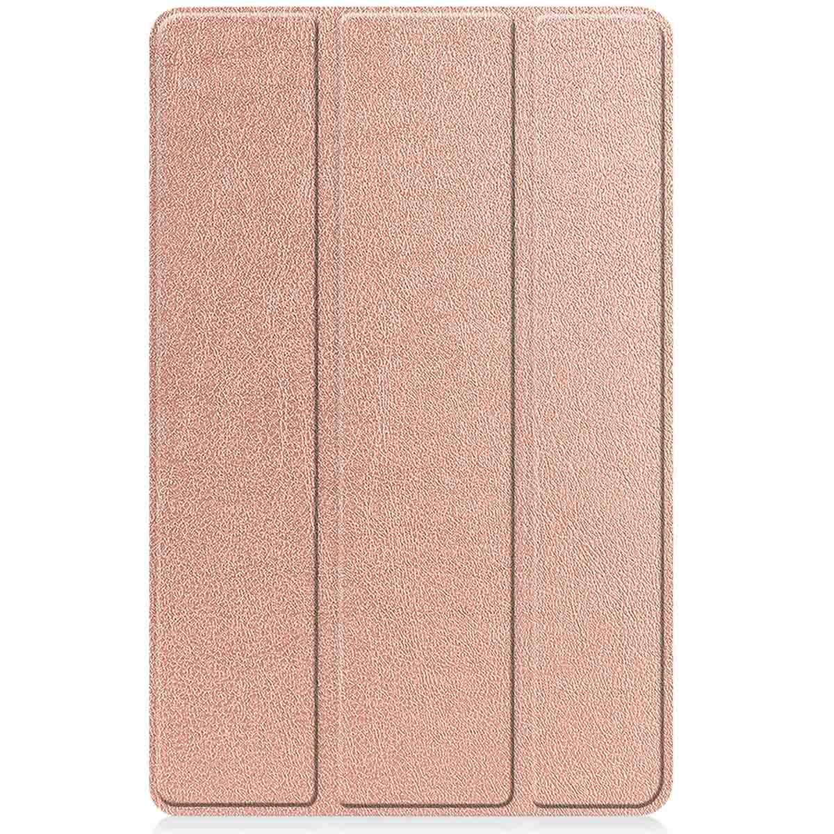 Close-up of a closed, textured rose-gold tablet case with three vertical sections.