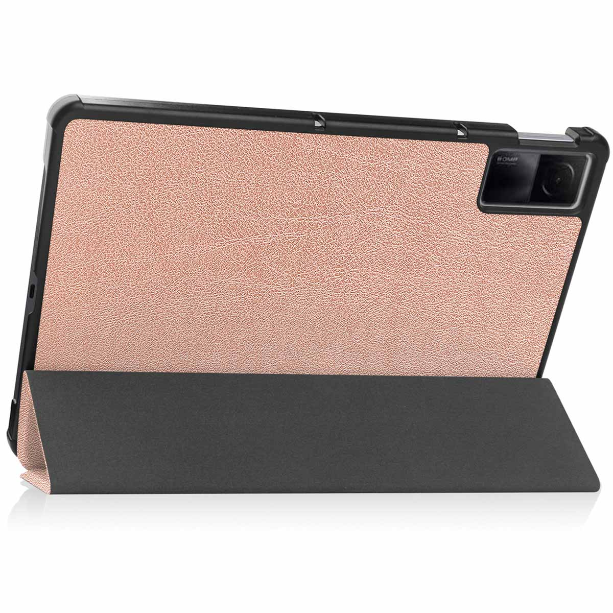 Tablet case in rose gold color, with a stand. The tablet is angled with the stand.