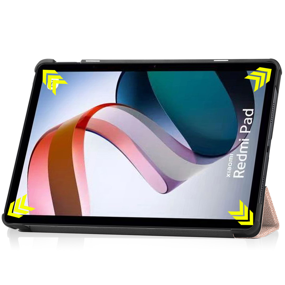 Tablet in case, angled view, with yellow arrows on screen corners. Text: Redmi Pad.